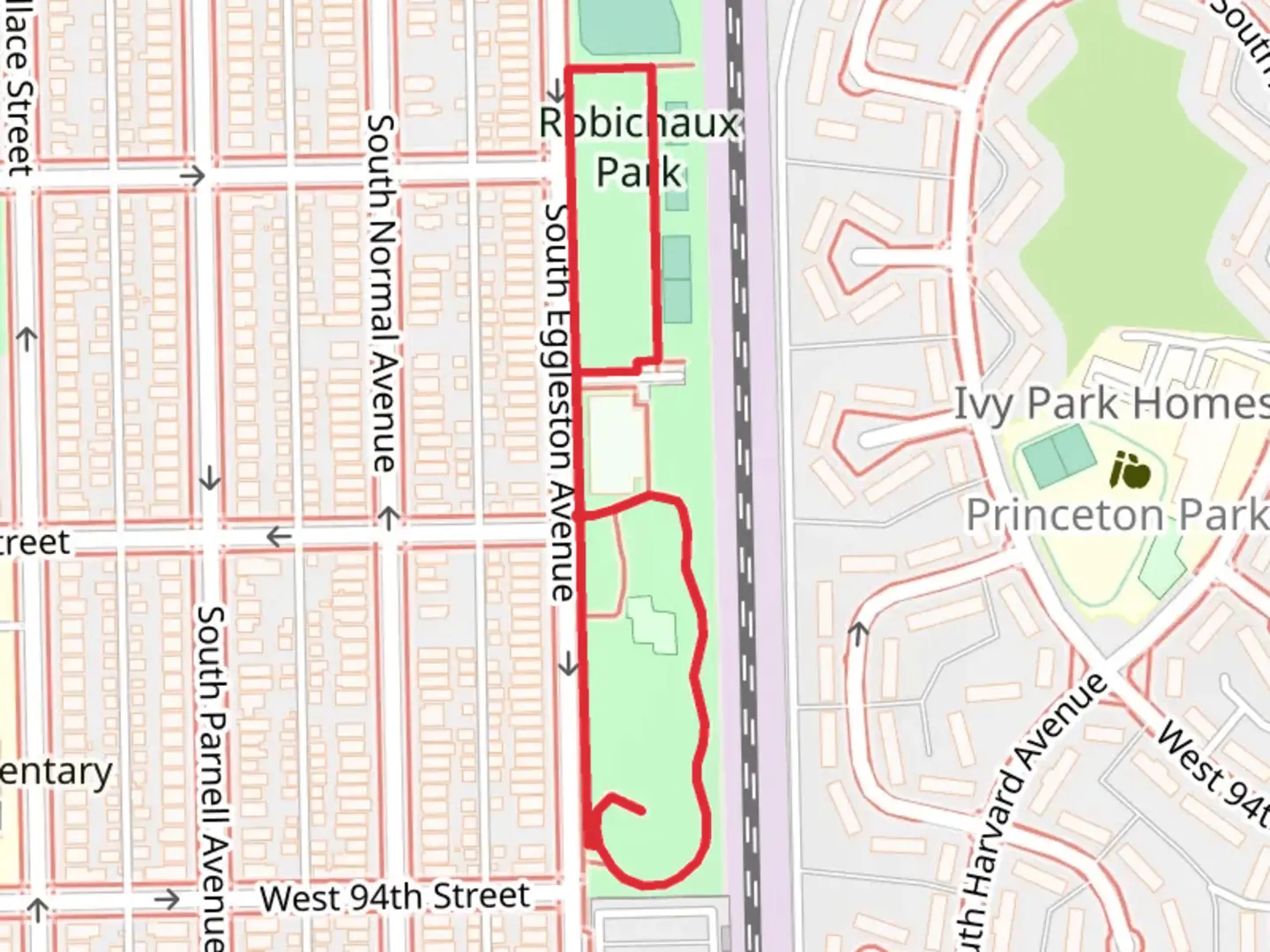 An image depicting the trail Robichaux Park Loop and its surrounding area.