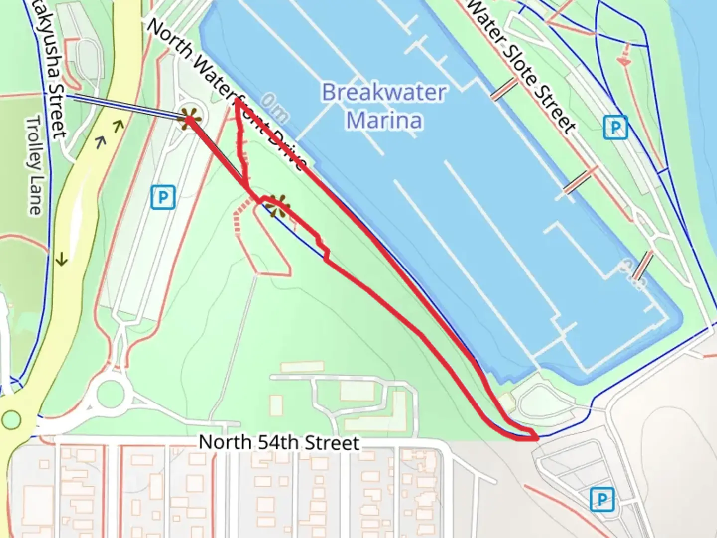 An image depicting the trail North Waterfront Drive Loop and its surrounding area.