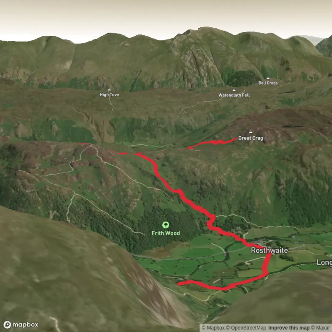 An image depicting the trail Castle Crag, Grange Fell and Great Crag and its surrounding area.