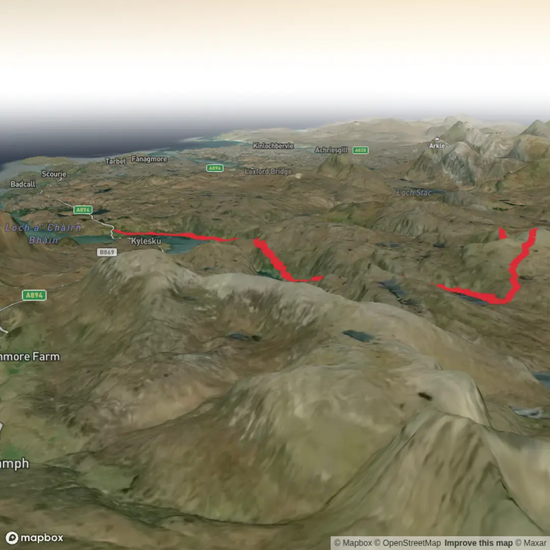 An image depicting the trail Loch Glencoul, Glen Dubh, Beinn Leoid and Loch an Eircill Loop and its surrounding area.