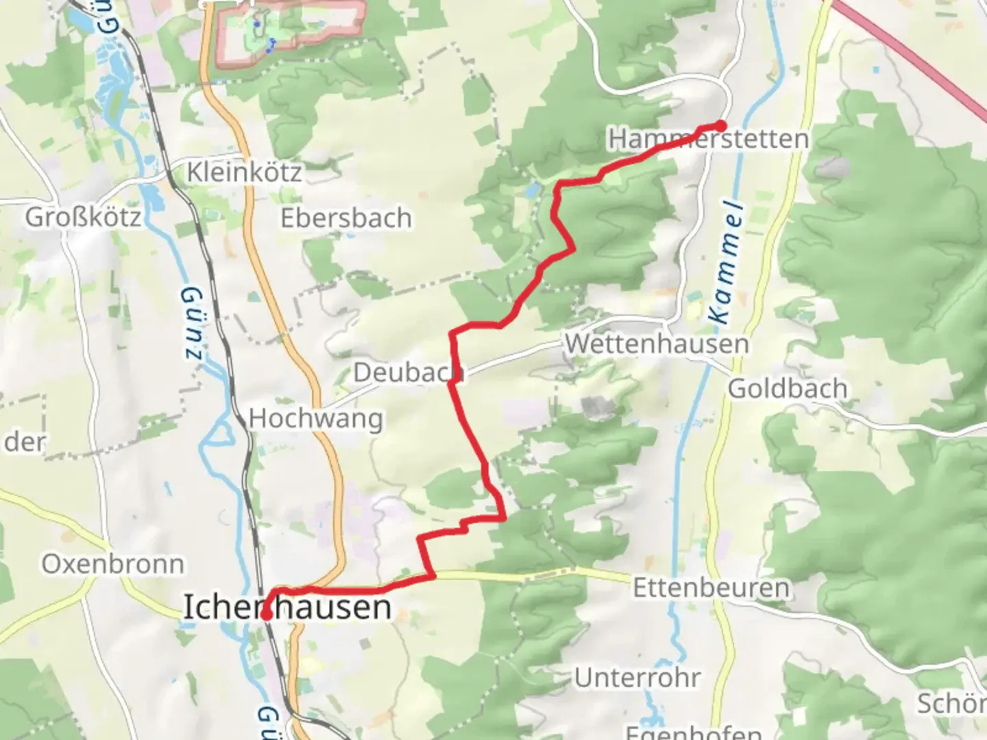 An image depicting the trail Ichenhausen to Hammerstetten Walk and its surrounding area.