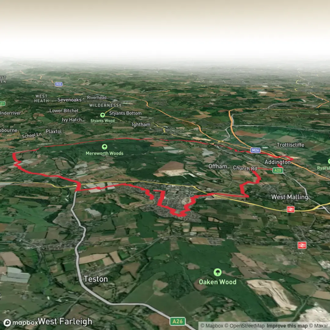 An image depicting the trail Kings Hill and Wrotham Heath Loop and its surrounding area.