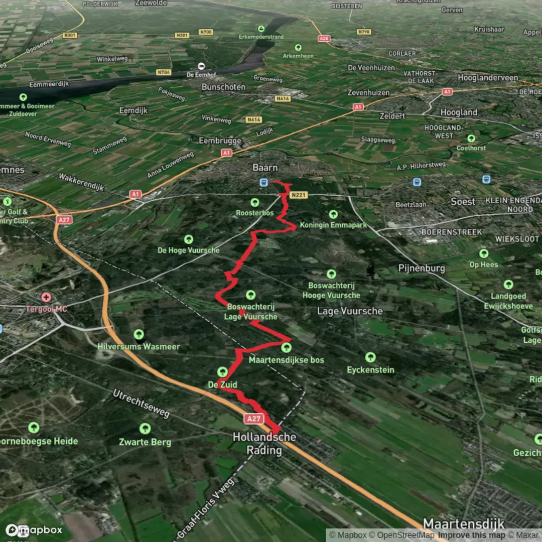 An image depicting the trail Hollandsche Rading to Baarn via Oertijd Route and Trekvogelpad and its surrounding area.