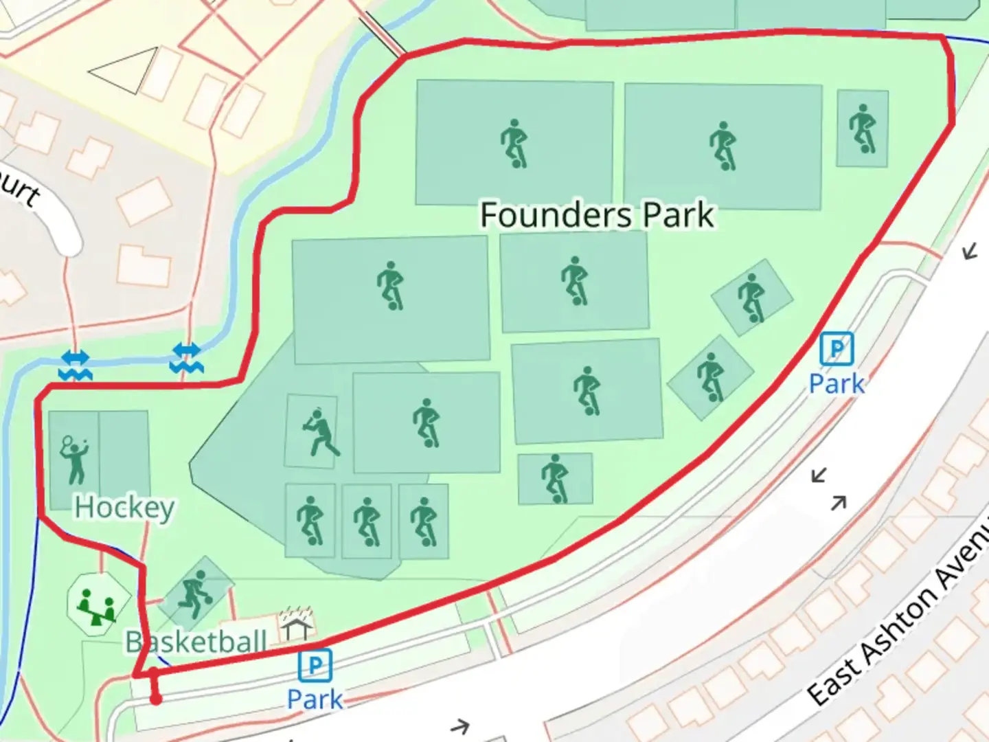 An image depicting the trail Founders Park Loop and its surrounding area.