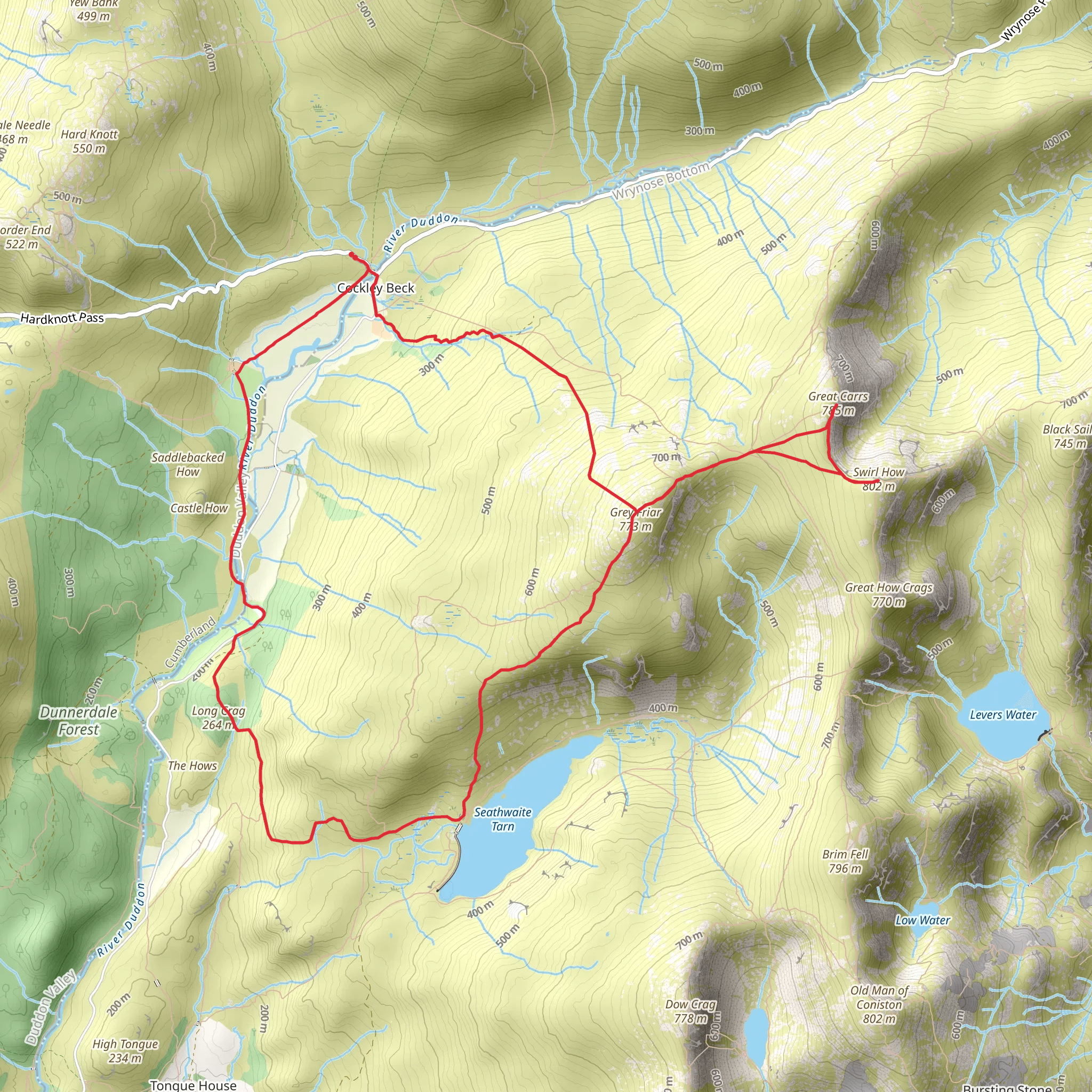 Seathwaite Tarn, Swirl How and Great Carrs Loop - Cockley Beck mobile static map