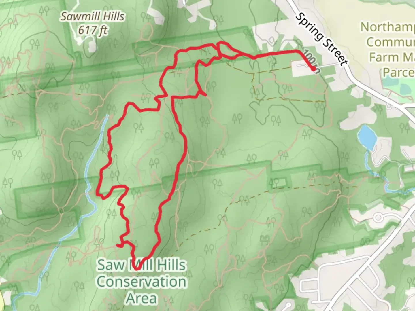 An image depicting the trail Sawmill Hills Conservation Area Loop and its surrounding area.