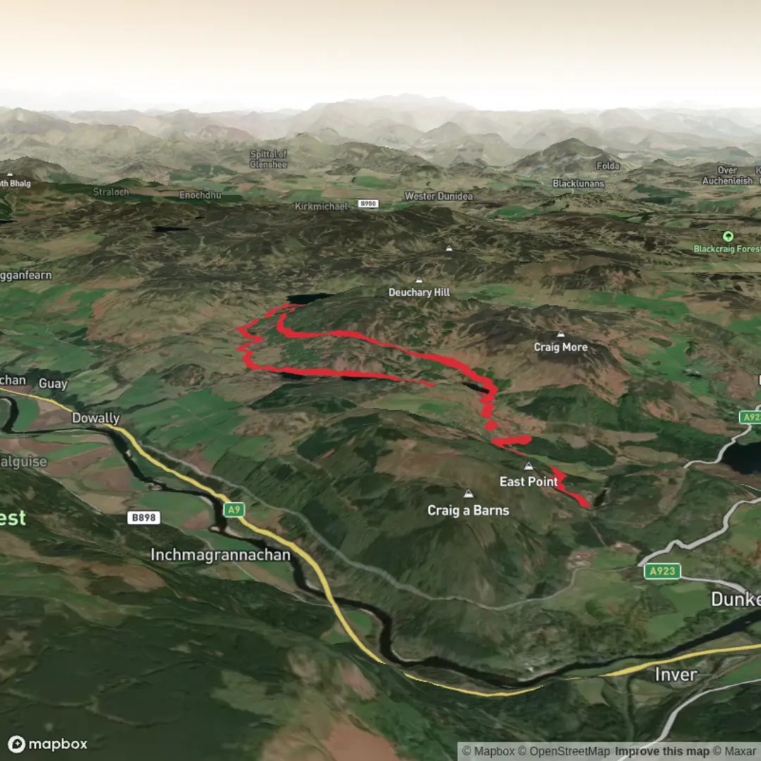 An image depicting the trail Mill Dam, Loch Ordie, Dowally Loch and Rotmell Loch Loop and its surrounding area.