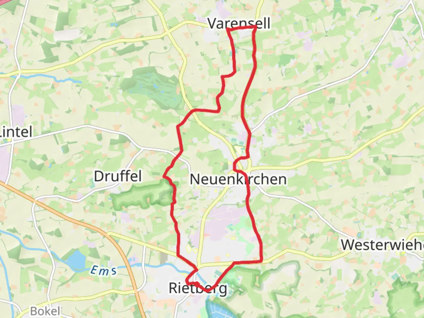 An image depicting the trail Rietberg and Varensell Loop and its surrounding area.