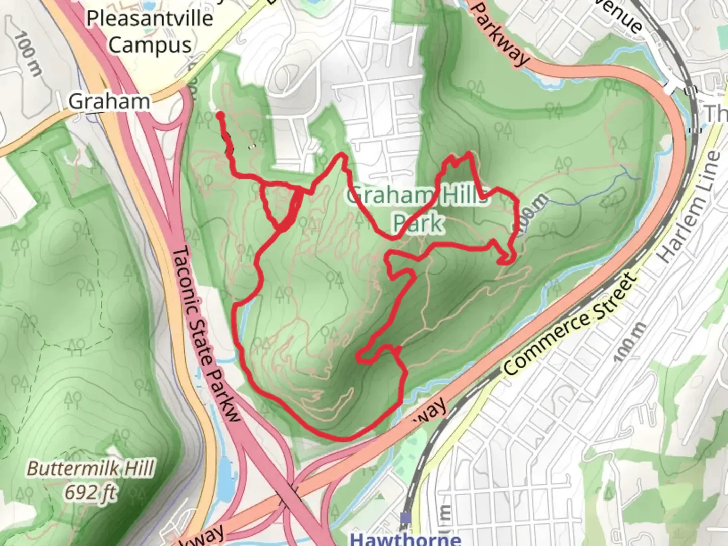 An image depicting the trail Saw Mill River - Graham Hills Park and its surrounding area.