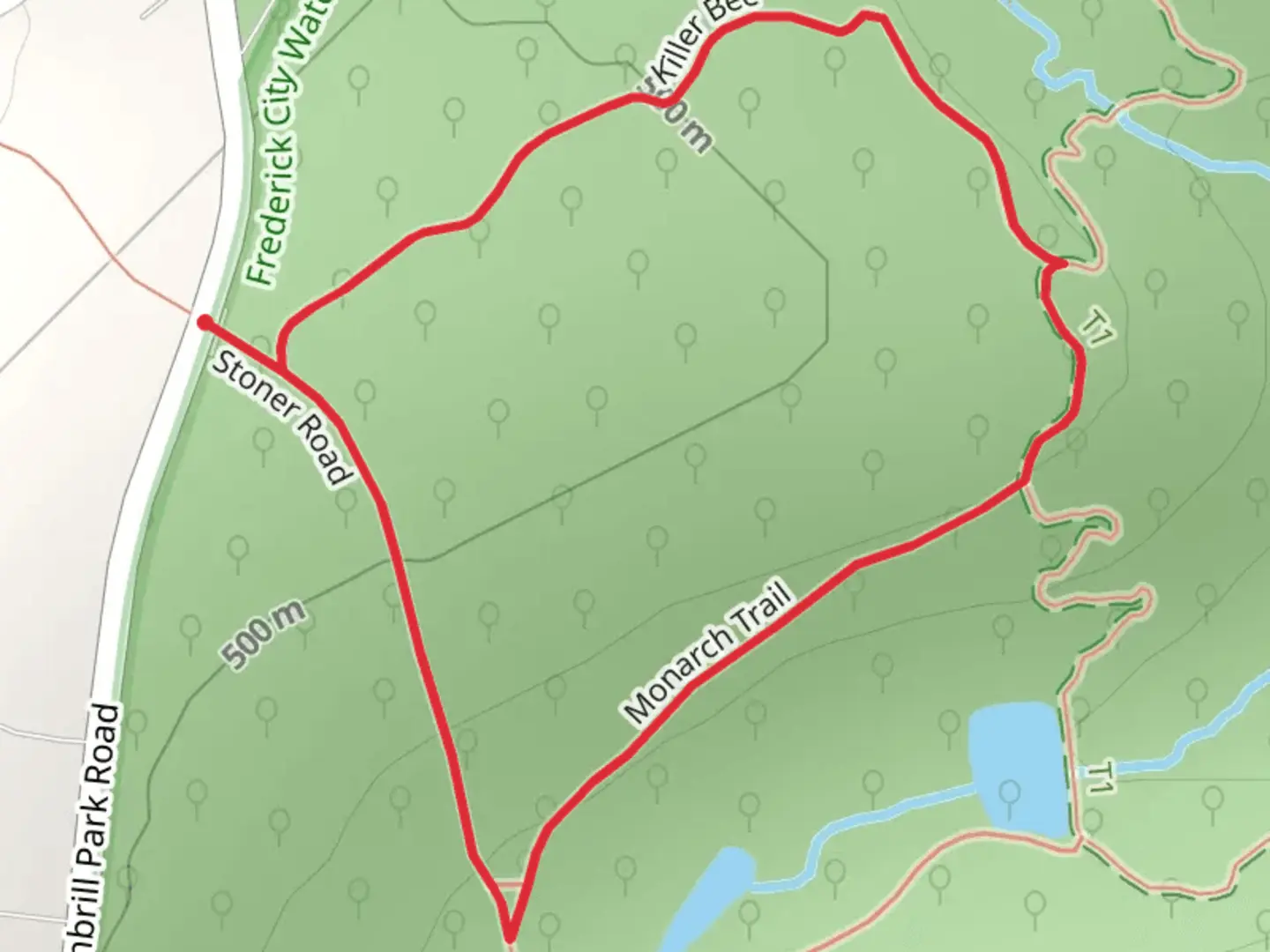 An image depicting the trail Killer Bee and Stoner Road Loop and its surrounding area.