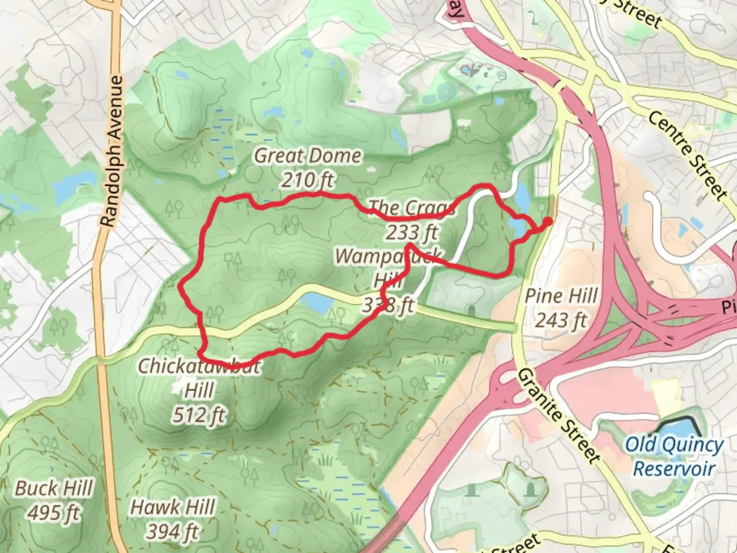 An image depicting the trail Rattlesnake Hill and Blue Hill Reservoir Loop and its surrounding area.