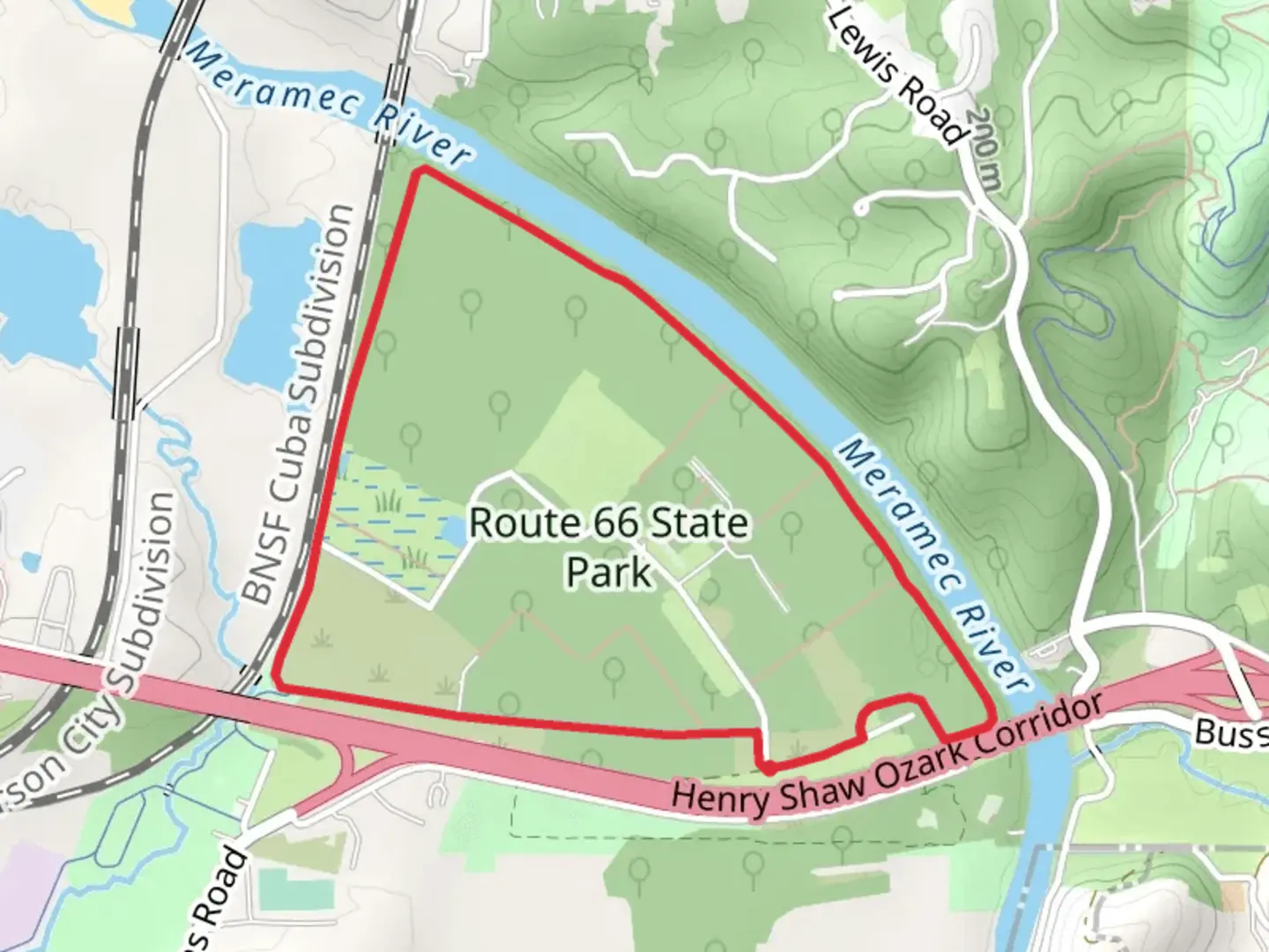 An image depicting the trail Outer Loop Trail - Meramec River and its surrounding area.