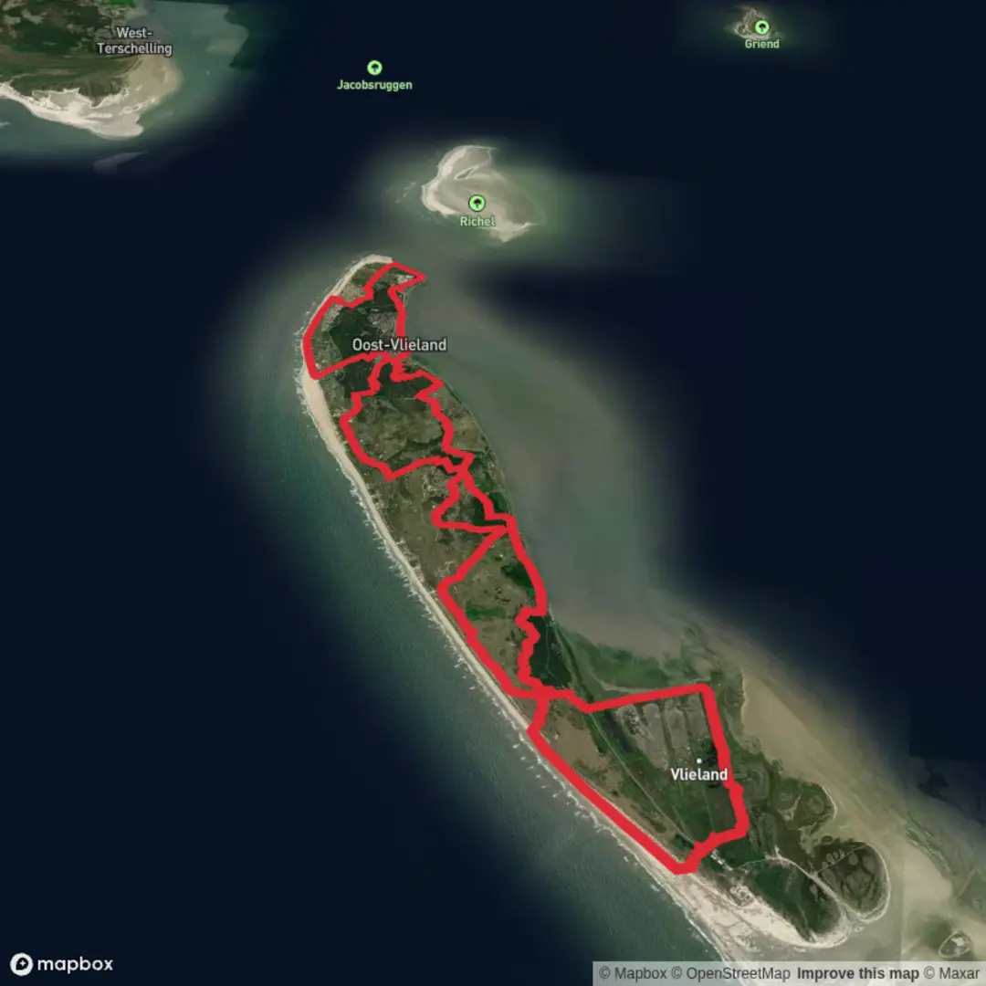 An image depicting the trail Oude Post Weg, Pad van Malgum and Waddenwandelen - Vlieland Loop and its surrounding area.