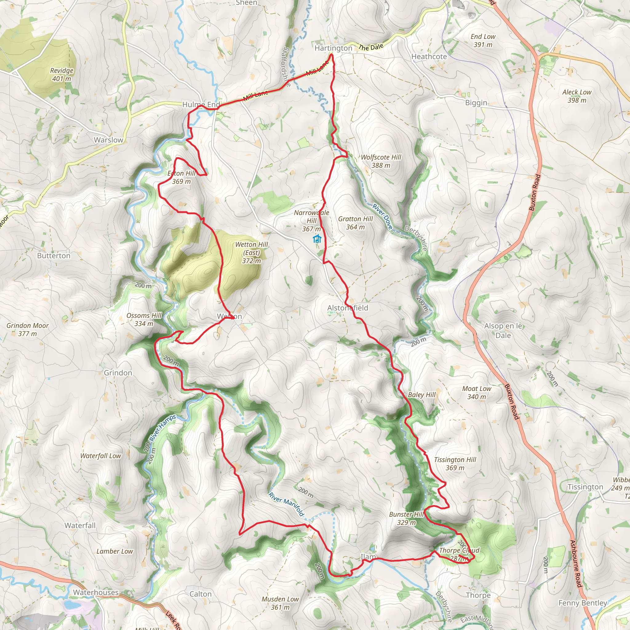 Wetton, Ilam, Milldale and Hartington Loop via Thorpe Cloud mobile static map