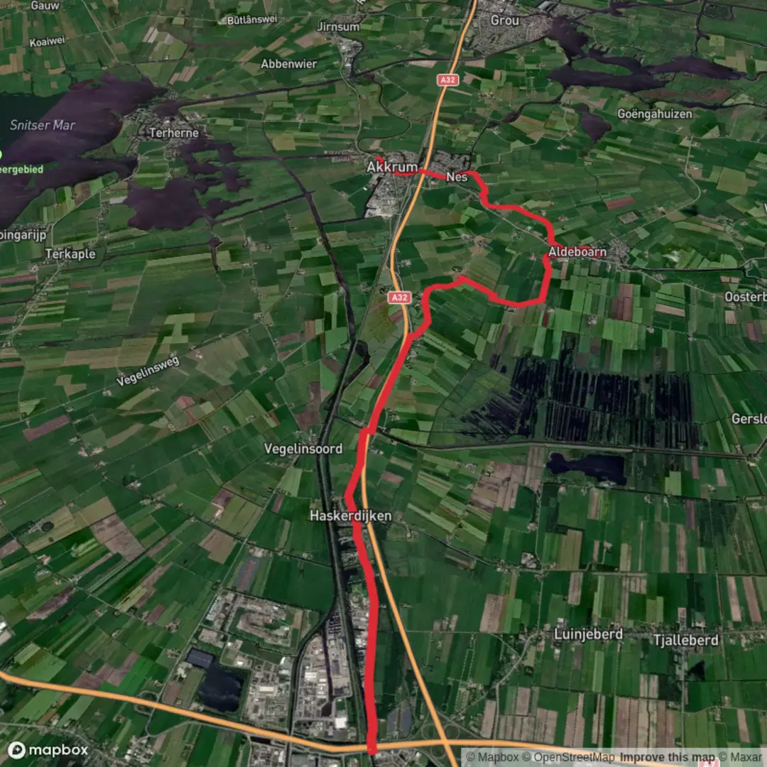 An image depicting the trail Haskerbrege to Akkrum via Jabikspaad and its surrounding area.