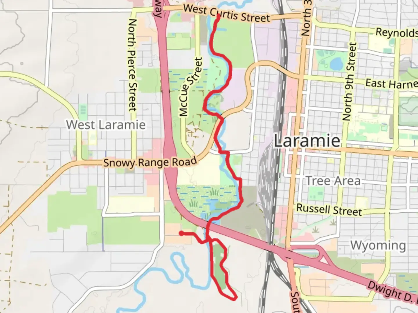 An image depicting the trail Laramie River via Greenbelt and its surrounding area.