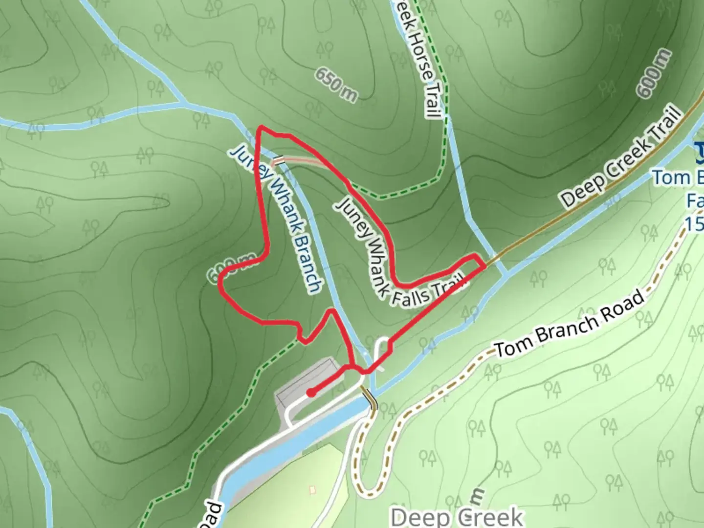 An image depicting the trail Deep Creek Horse and Juney Whank Falls Loop Trail and its surrounding area.