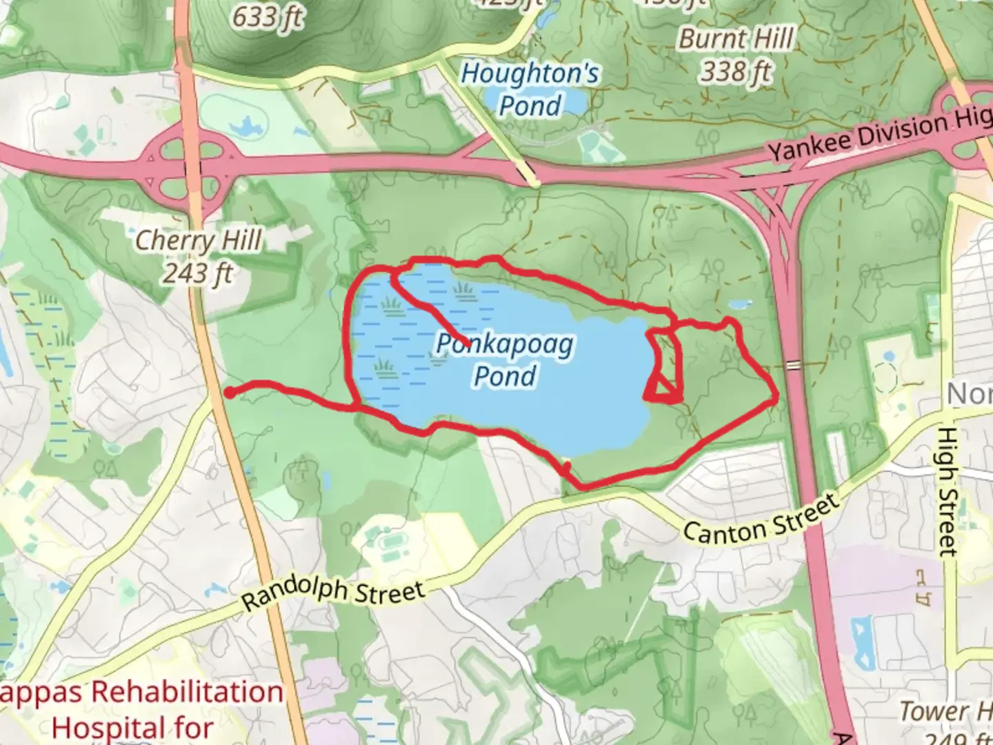 An image depicting the trail Ponkapoag Pond Loop Trail and its surrounding area.