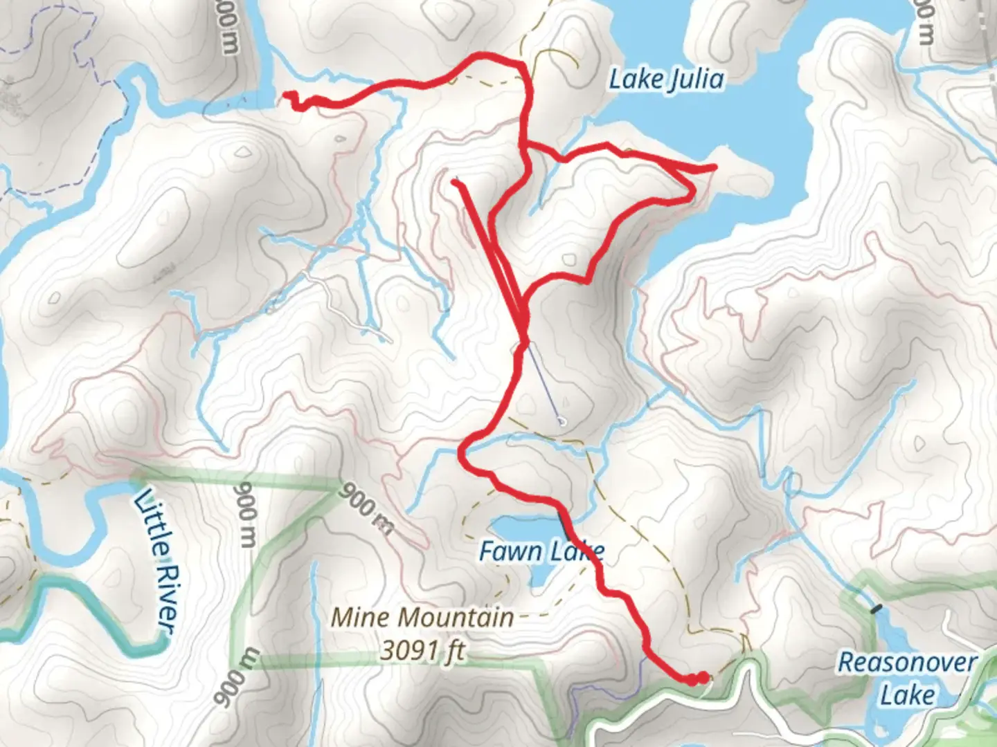 An image depicting the trail Fawn Lake and Lake Julia Loop and its surrounding area.