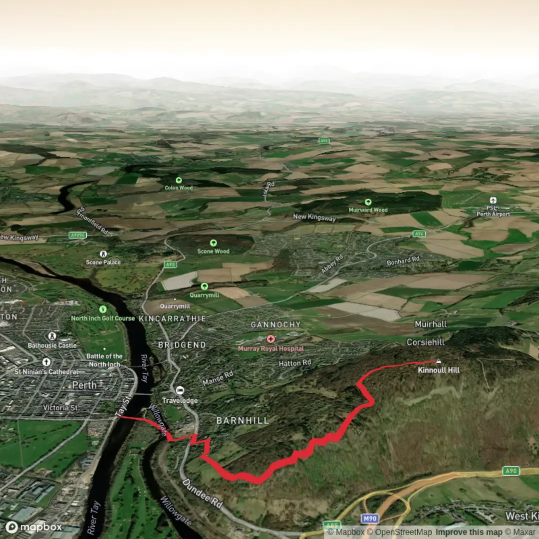 An image depicting the trail Kinnoull Hill and its surrounding area.