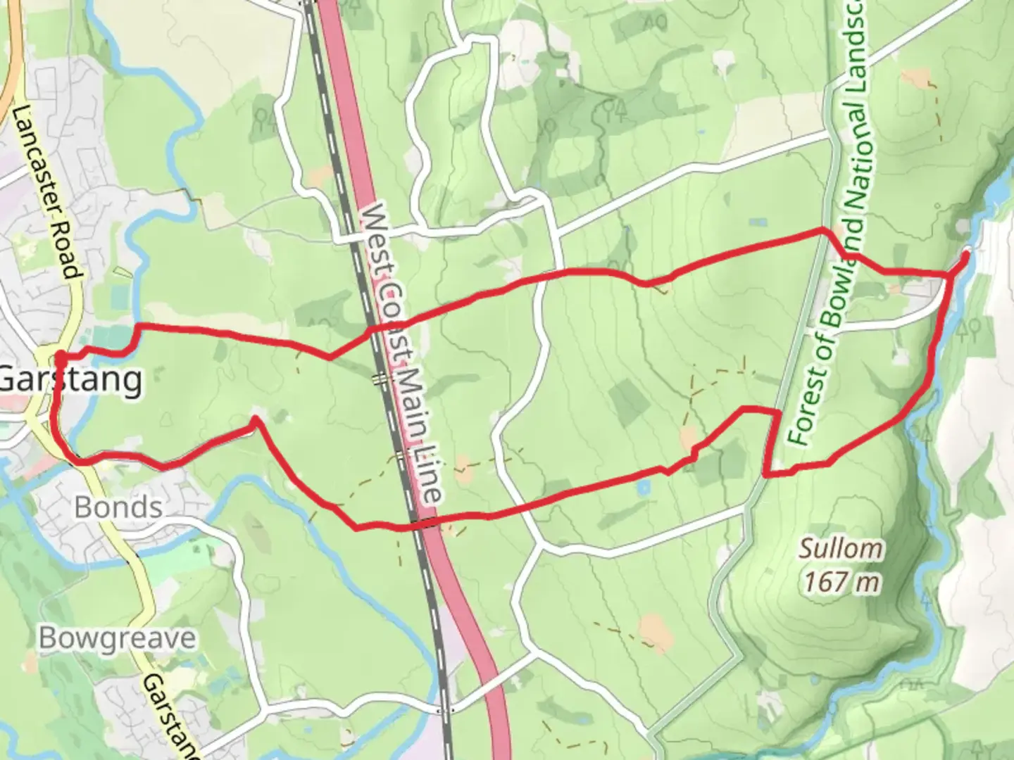 An image depicting the trail Garstang and Calder Vale Loop and its surrounding area.