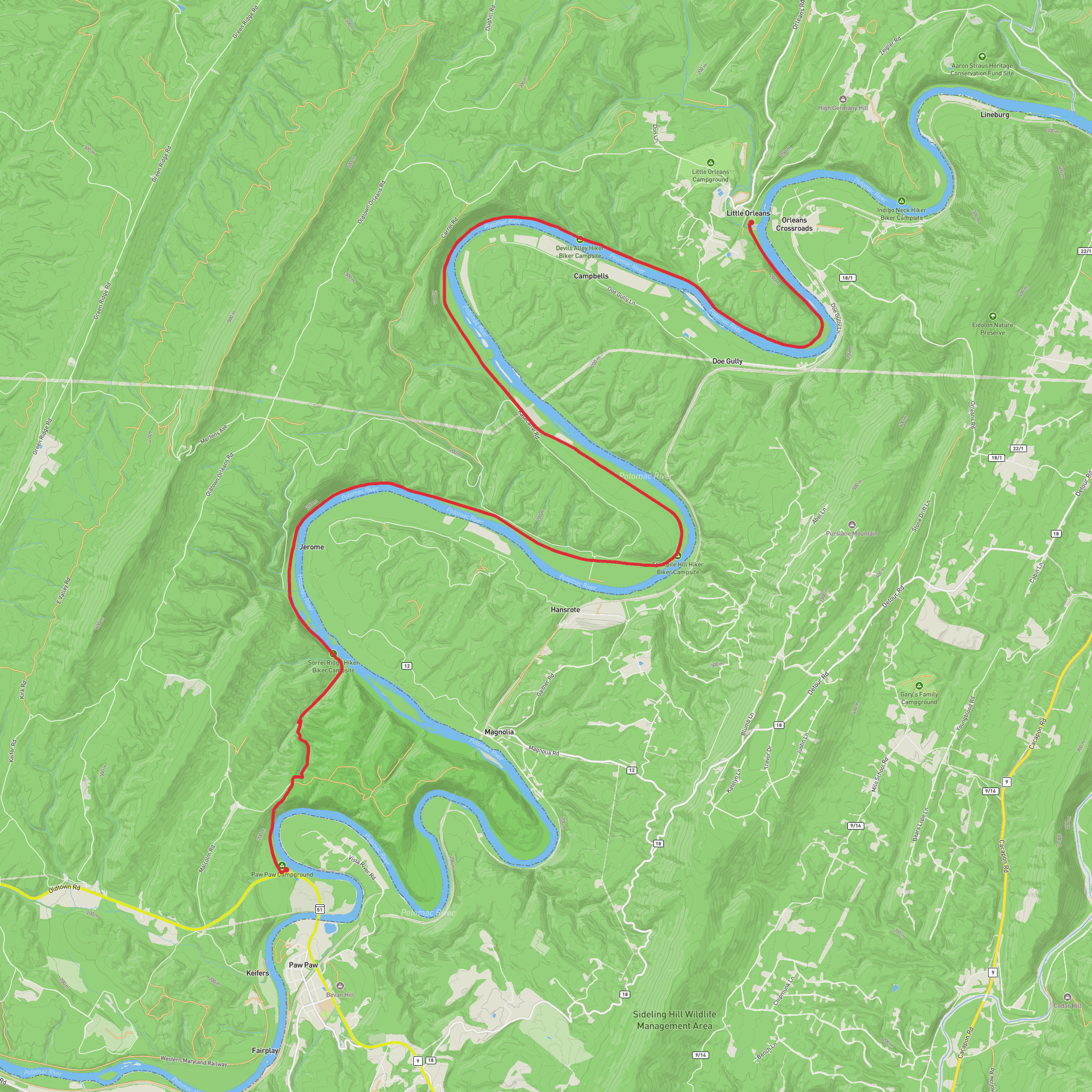 Paw Paw Bends and Tunnel via Chesapeake and Ohio Canal Trail mobile static map