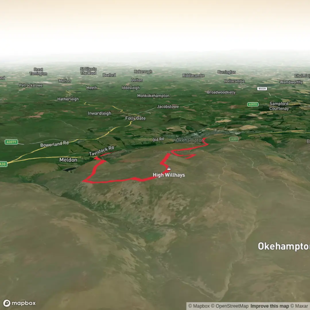 An image depicting the trail Okehampton, Yes Tor, High Willhays, Meldon Reservoir and Viaduct Loop and its surrounding area.