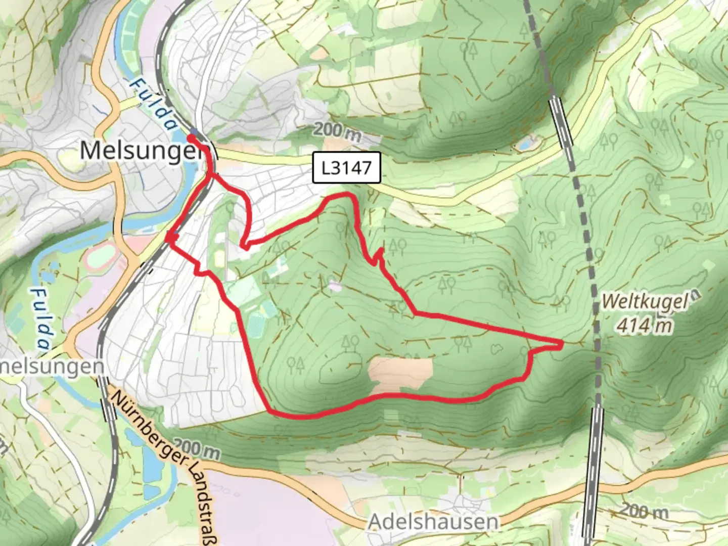 An image depicting the trail Melsunger Rundwanderweg and Hesenweg and its surrounding area.