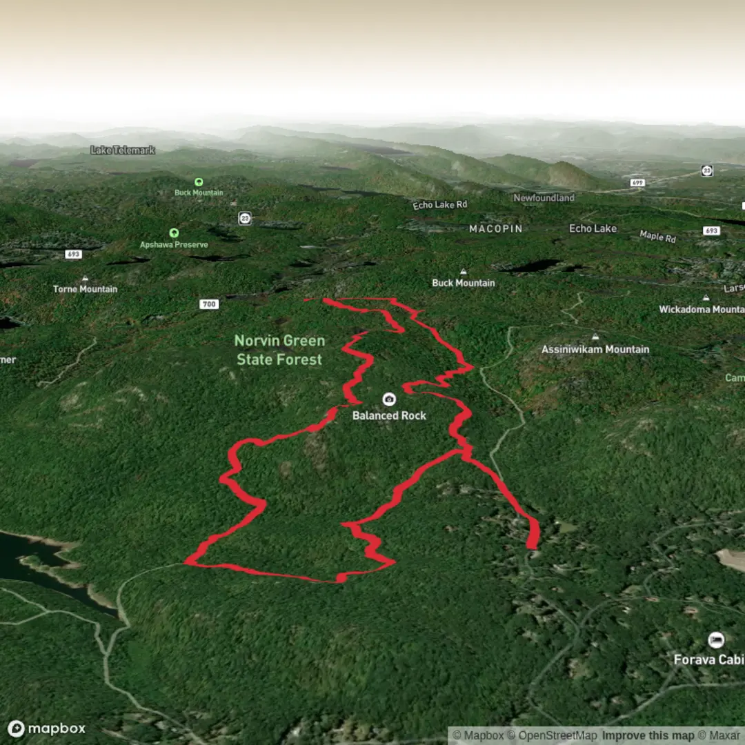 An image depicting the trail Carris Hill and Wyanokie High Point via Macopin Trail and Wyanokie Circular Trail and its surrounding area.