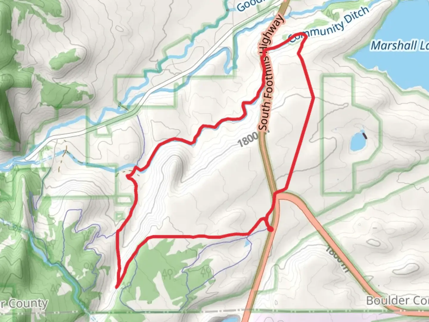 An image depicting the trail FlatIrons Vista, Community Ditch and Greenbelt Plateau Loop Trail and its surrounding area.