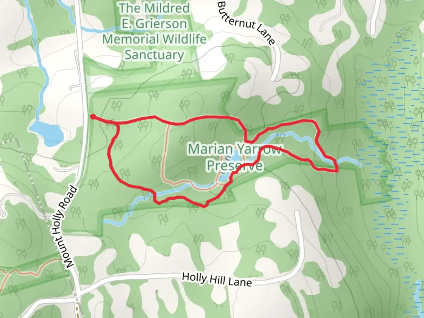 An image depicting the trail Green Trail Loop from Mount Holly Road and its surrounding area.