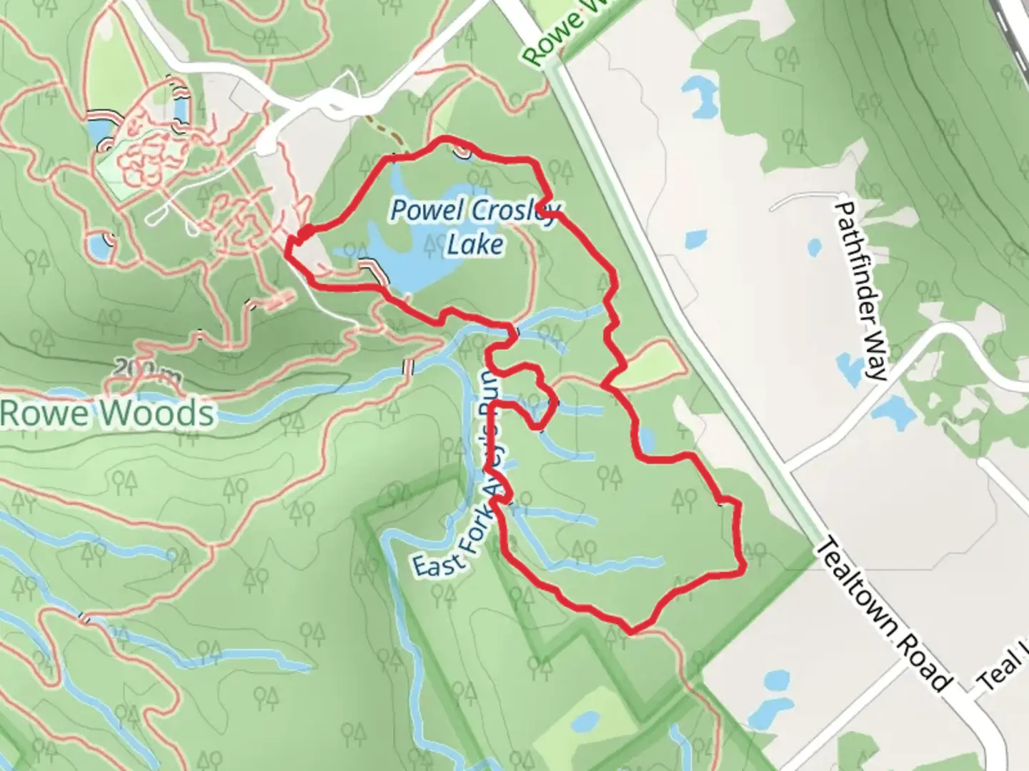 An image depicting the trail Powel Crosley Lake via Edge Trail and Whitetail Trace Loop and its surrounding area.