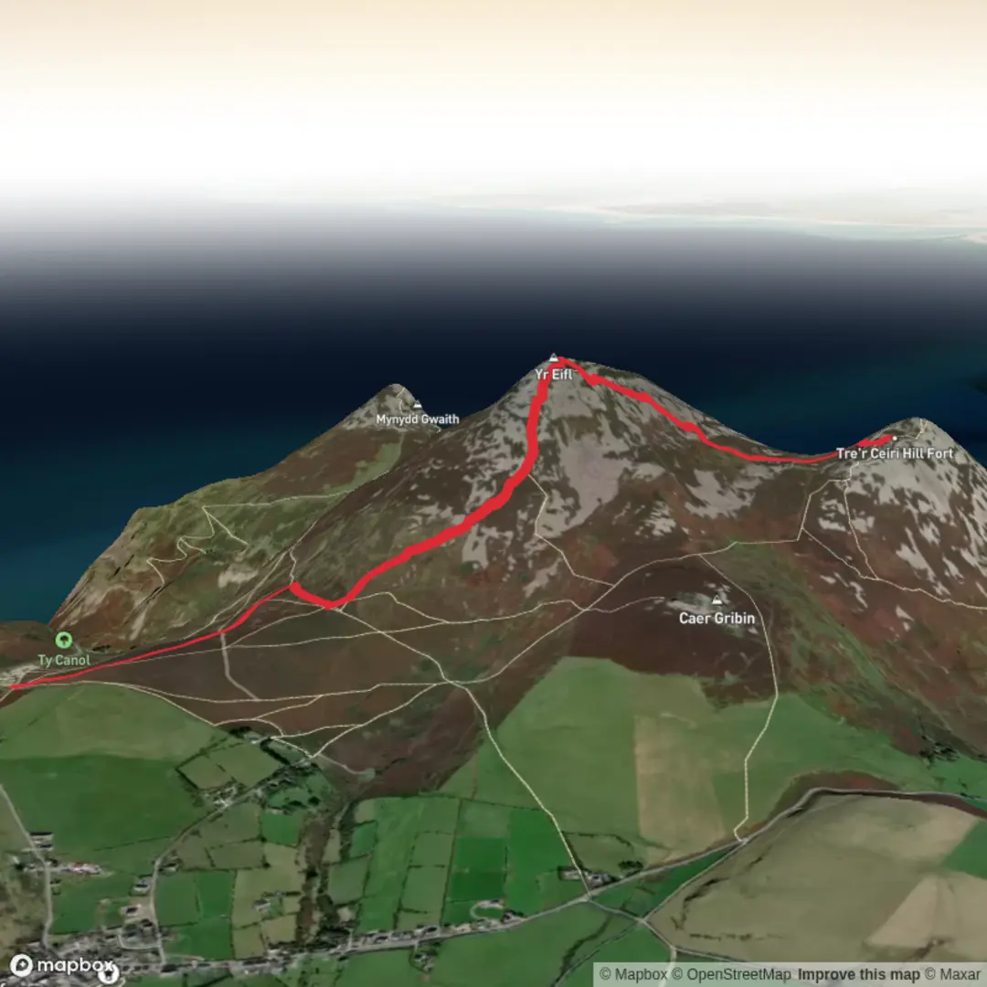 An image depicting the trail Yr Eifl to Tre'r Ceiri Hill Fort and its surrounding area.