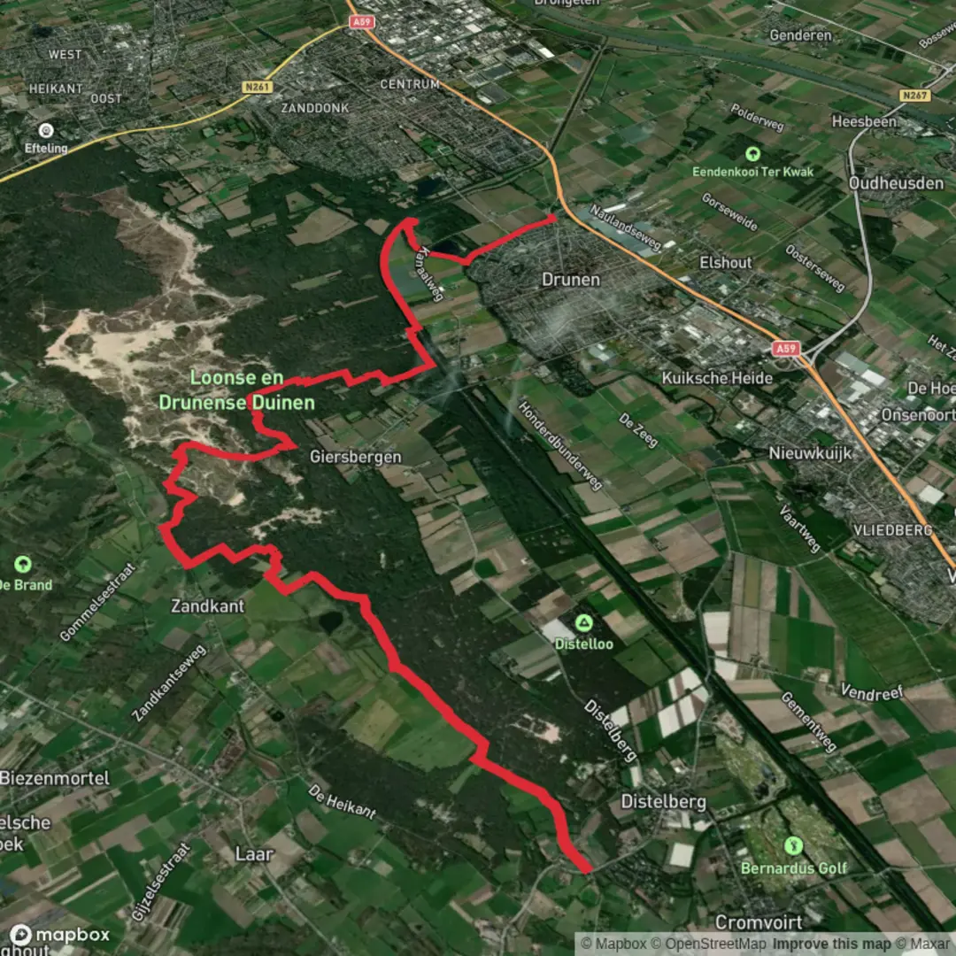An image depicting the trail Hooge Heide, Vught and Lange Wiel and its surrounding area.