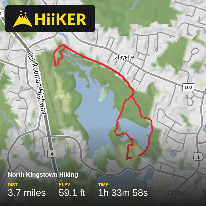 A map preview of the recording North Kingstown Hiking.