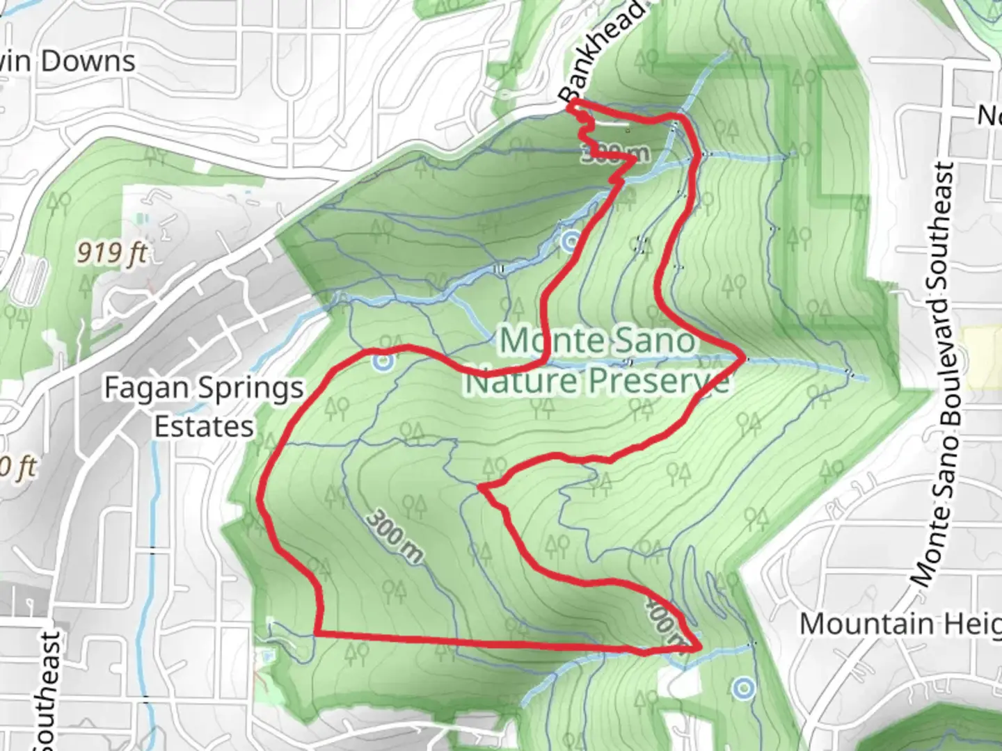 An image depicting the trail Bluffline, Waterline and Alms House Loop Trail and its surrounding area.