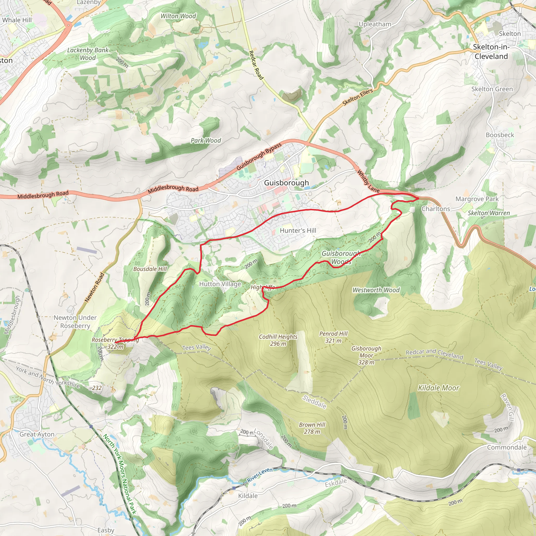 Highcliff Nab and Roseberry Topping from Slapewath mobile static map