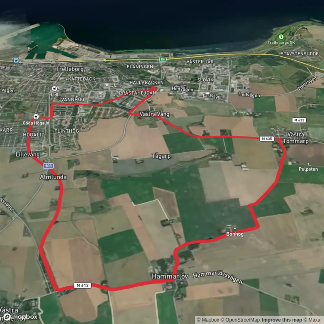 An image depicting the trail Söderslättshallen, Hammarlöv, V Tommarp and its surrounding area.