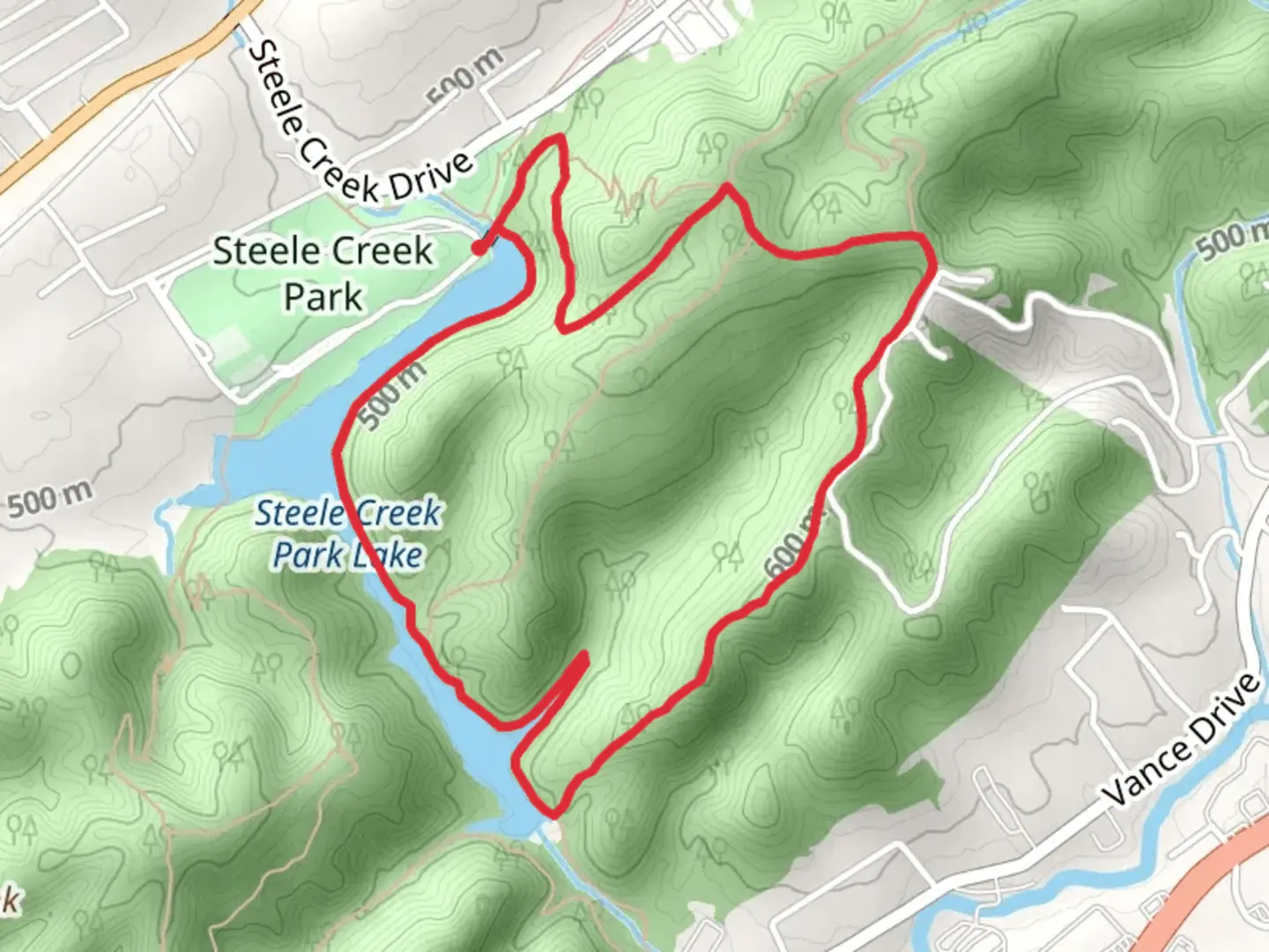 An image depicting the trail Steele Creek Park Loop - East and its surrounding area.