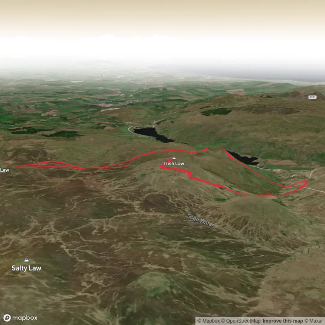 An image depicting the trail Irish Law and Black Law Hills and its surrounding area.