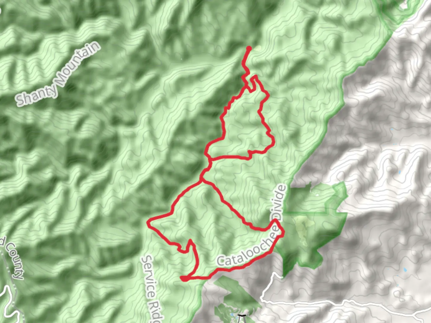 An image depicting the trail Caldwell Fork, Cataloochee Divide and Boogerman Loop Trail and its surrounding area.