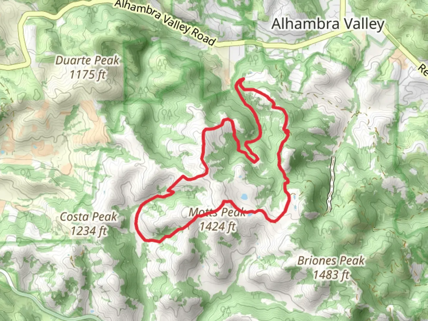 An image depicting the trail Old Briones Road, Abrigo Valley and Pine Tree Loop Trail and its surrounding area.