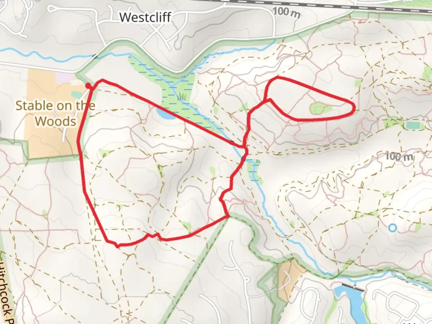 An image depicting the trail Whitney Drive, Ridge Mile Track and Cathedral Aisle Loop and its surrounding area.