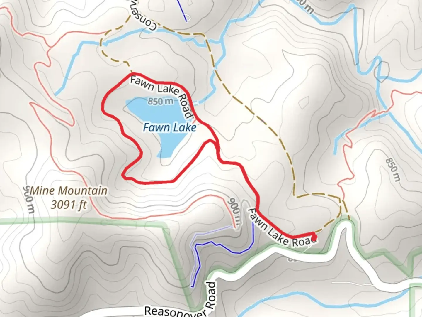 An image depicting the trail Fawn Lake Loop and its surrounding area.