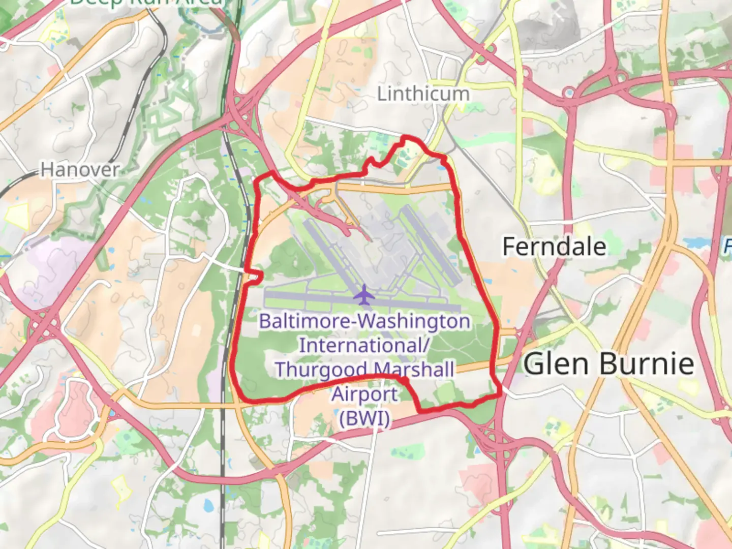 An image depicting the trail BWI Airport Loop and its surrounding area.