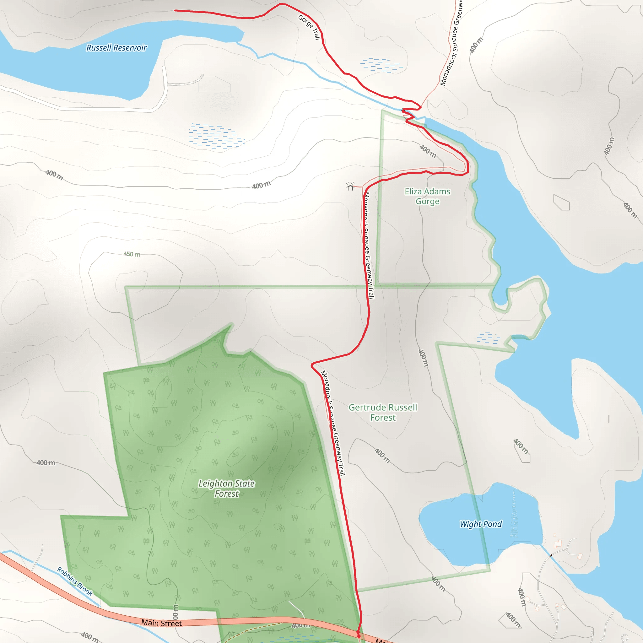 Russell Reservoir via Monadnock Sunapee Greenway Trail mobile static map