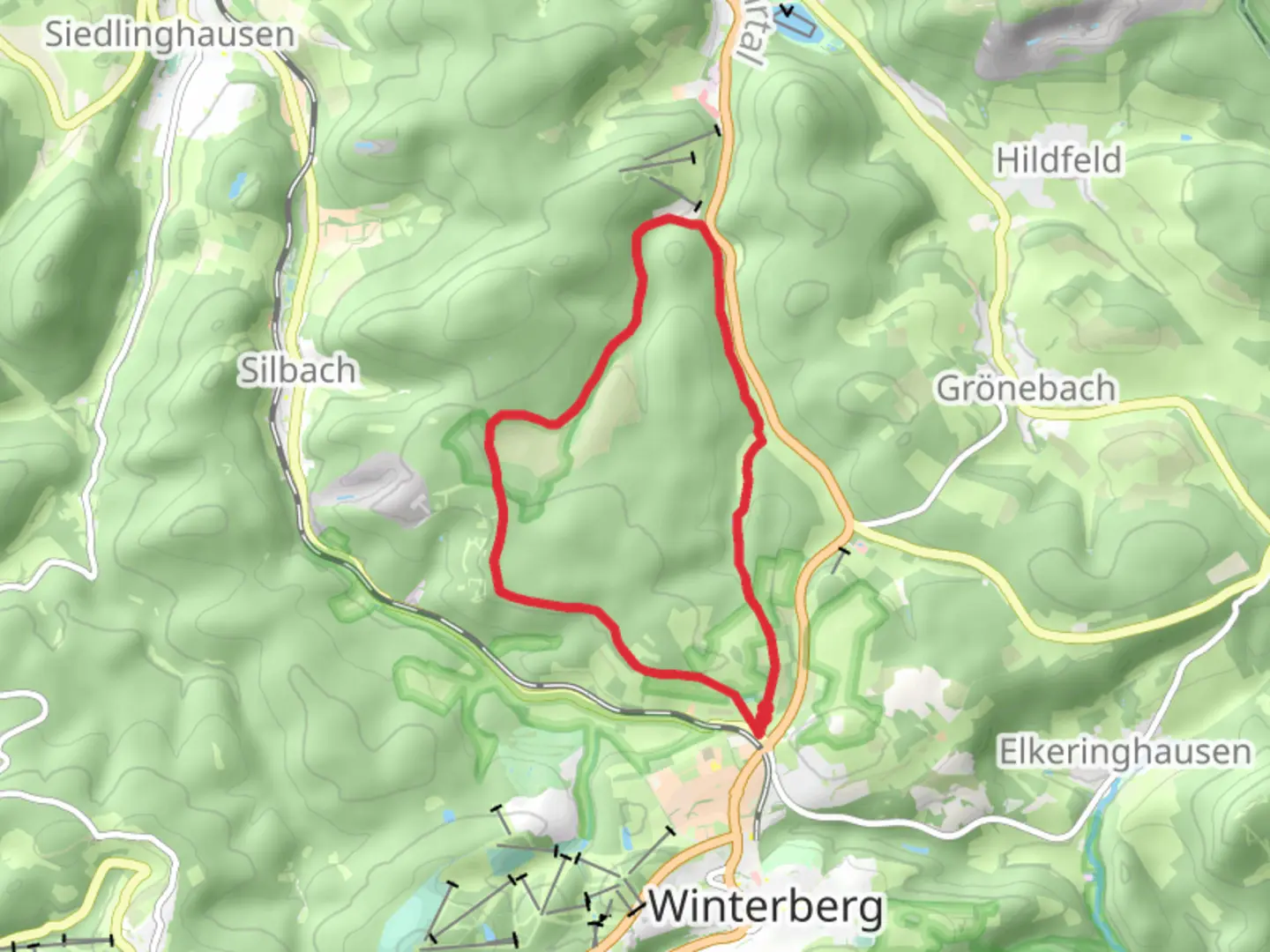 An image depicting the trail Naturschutzgebiet Bergwiesen and In der Strei Loop - Winterberg and its surrounding area.