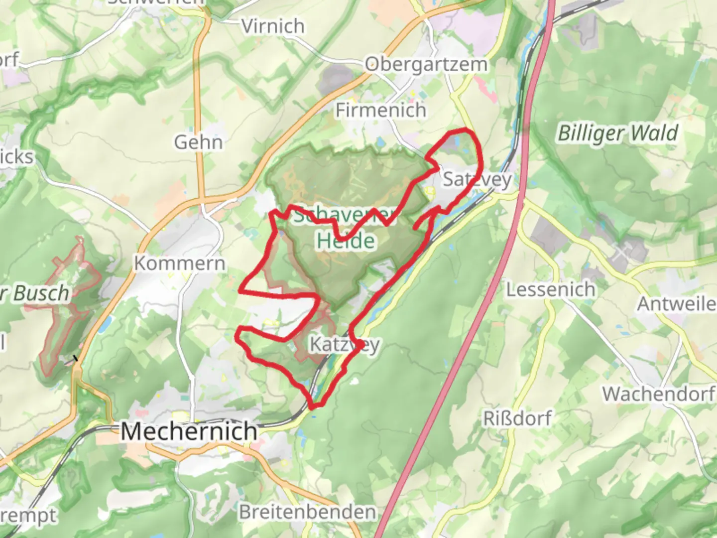 An image depicting the trail Katzvey to Satzvey Loop and its surrounding area.