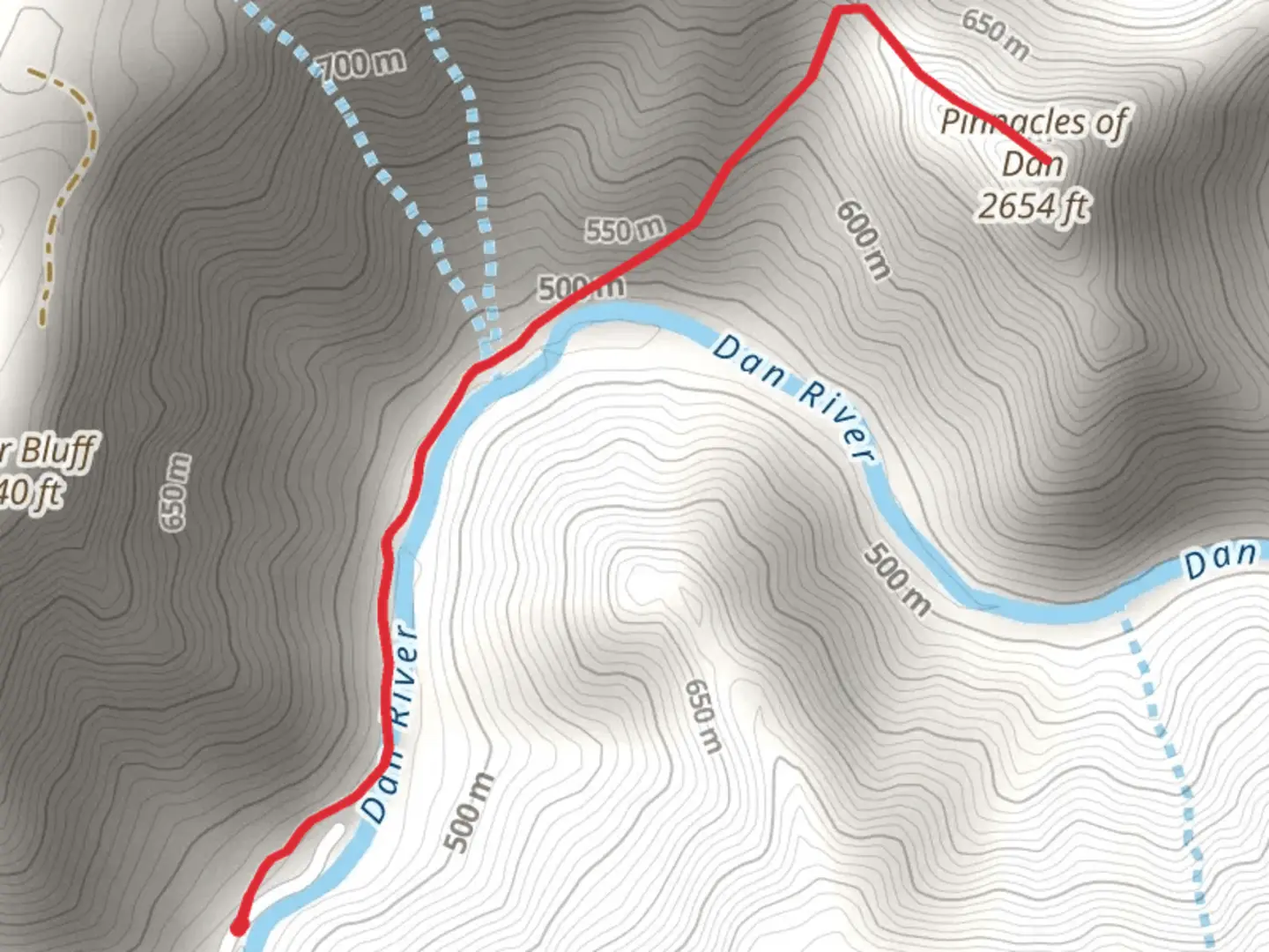 An image depicting the trail Pinnacles of Dan via Dan River and its surrounding area.