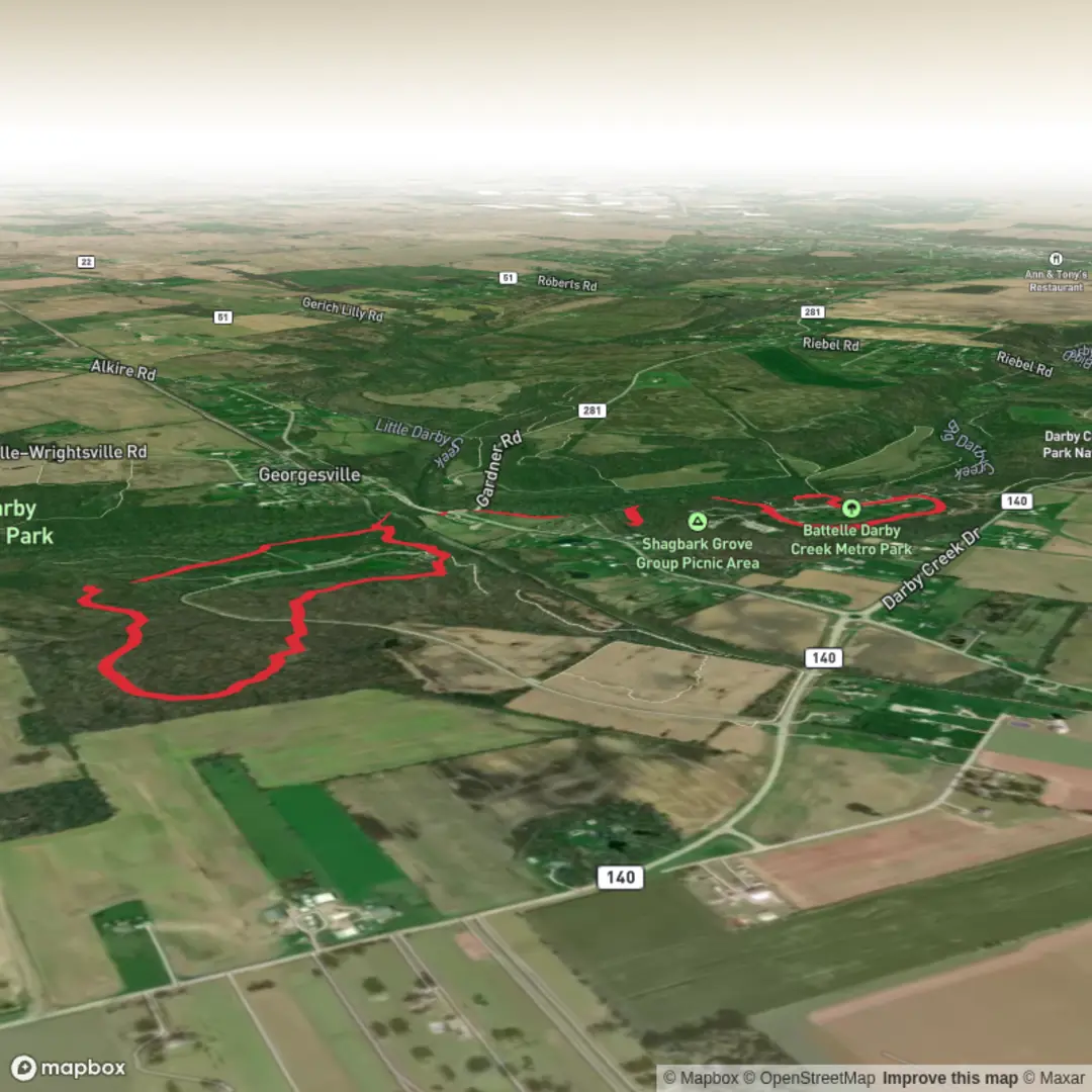 An image depicting the trail Big Darby Creek via Cobshell Trail and Terrace Trail and its surrounding area.